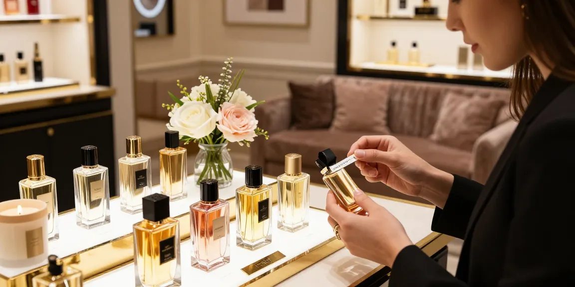 Xerjoff Perfumes displayed in an elegant fragrance boutique, with a customer exploring luxurious scent options.